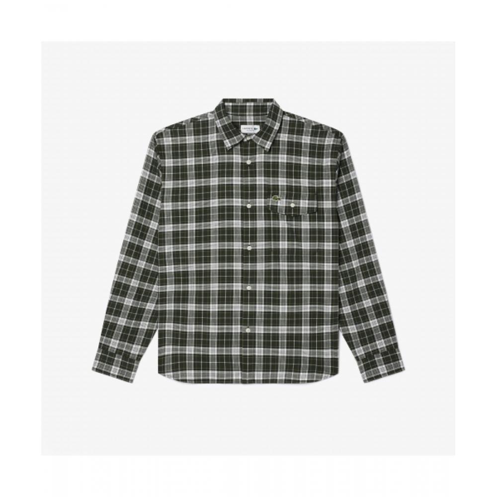 Lacoste Мужская рубашка из хлопкового твила в среднюю клетку [зеленая] 042